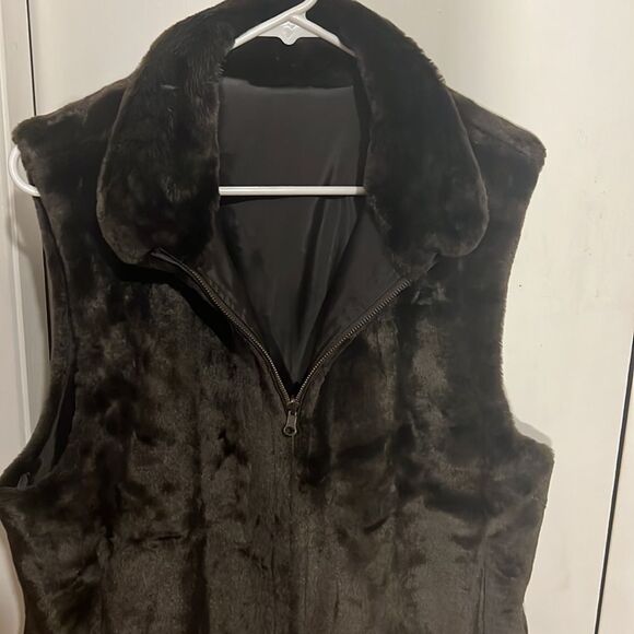 Women's Brown Faux Fur Reversible Collared Sleeveless Zip Up Vest L - Picture 7 of 9